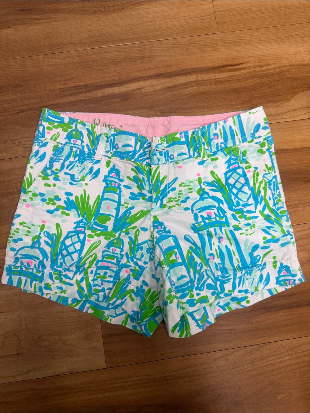 Lilly Pulitzer White Shorts with Blue & Green Lighthouse Print